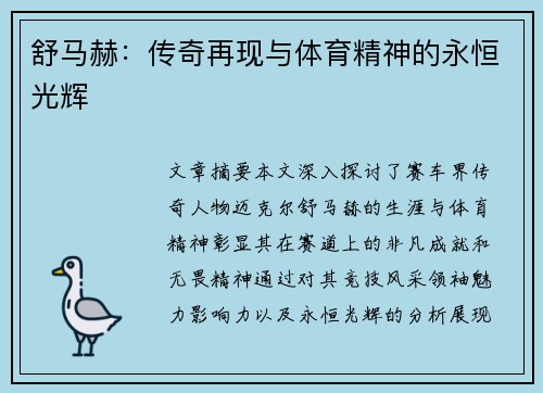舒马赫：传奇再现与体育精神的永恒光辉